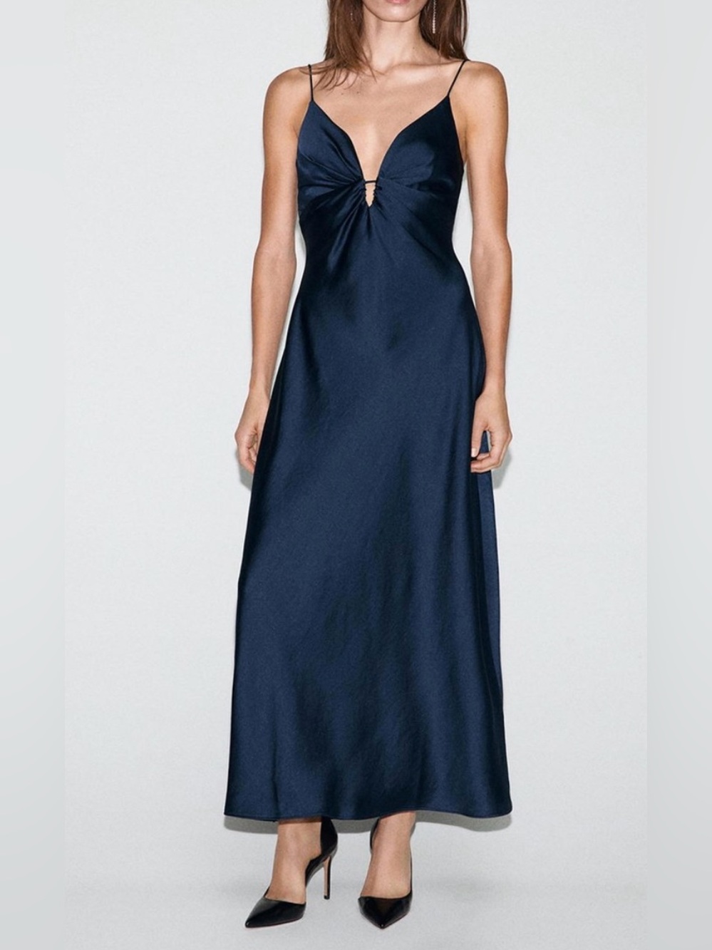 Mango Victory Hammered Satin Slip Maxi Dress Night Blue Navy US 12